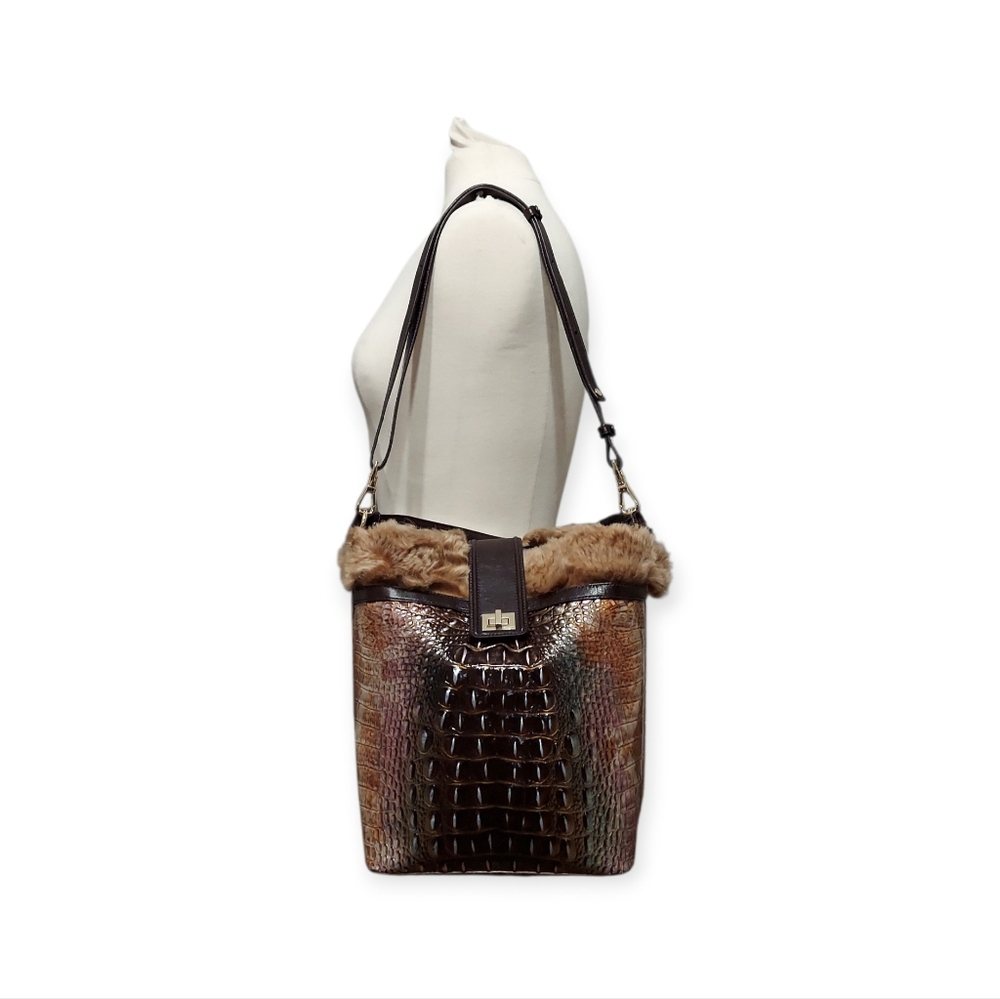Brahmin Shira Genuine Shearling Croc Embossed Leather Bucket Shoulder Bag EUC - Picture 8 of 13
